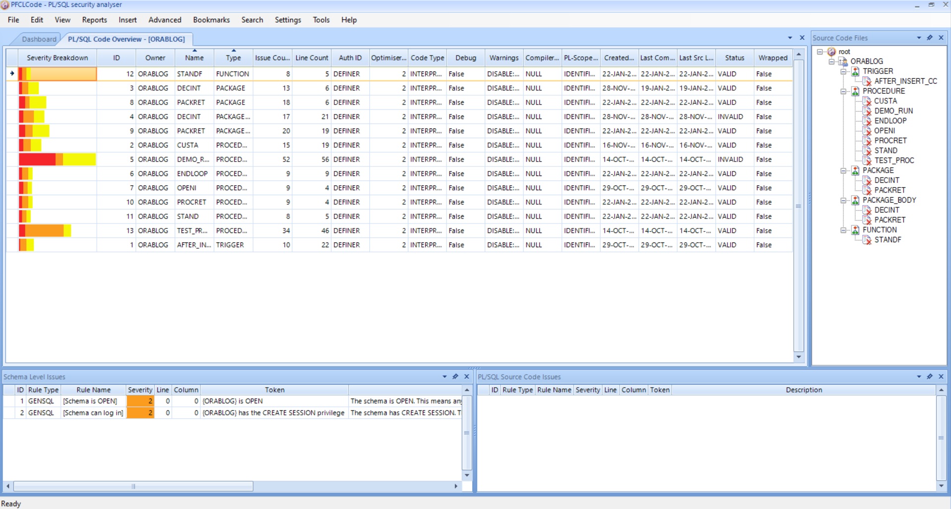 PFCLCode 2024 showing PL/SQL code for the ORABLOG Schema