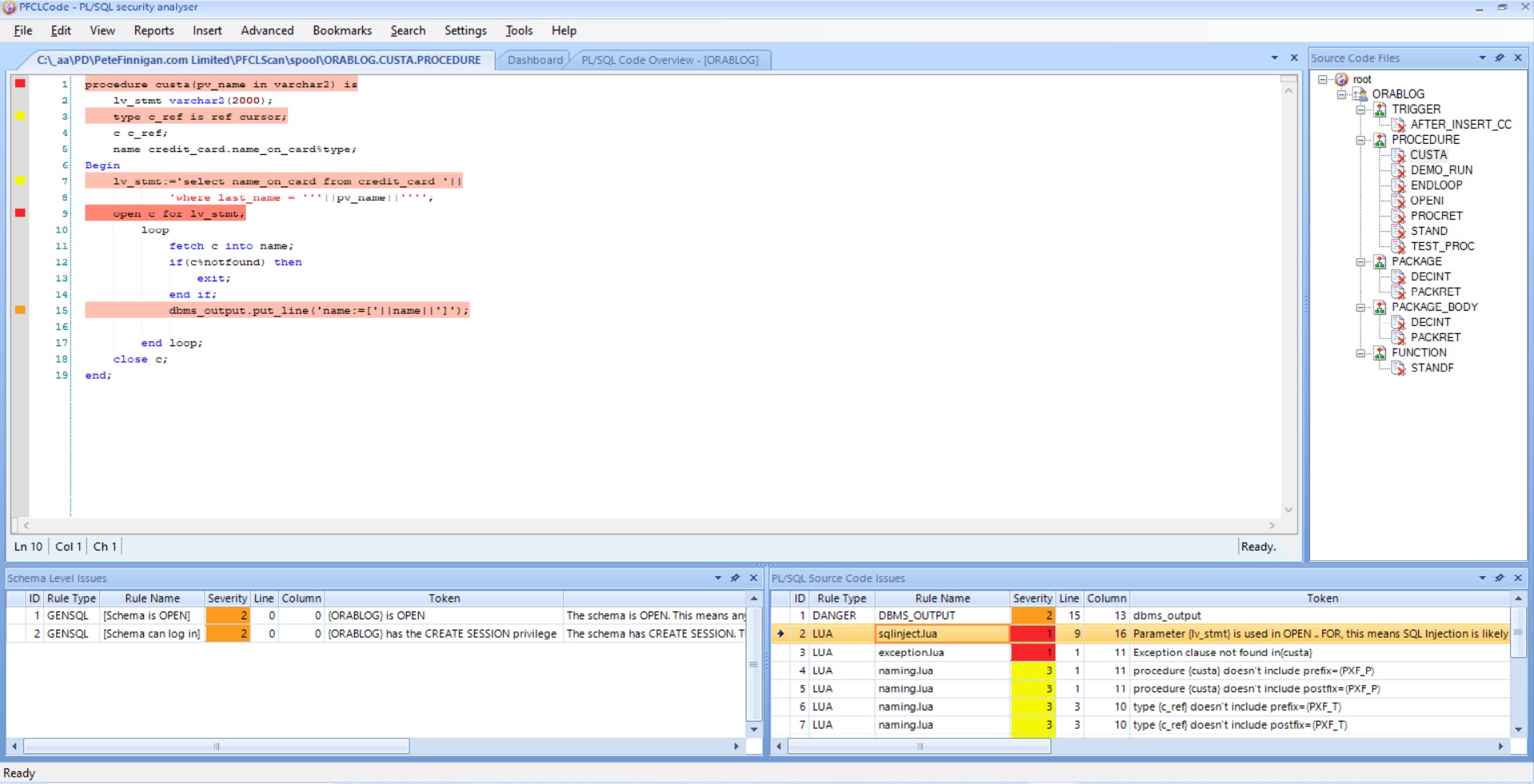 PFCLCode 2024 showing SQL Injection located in a procedure