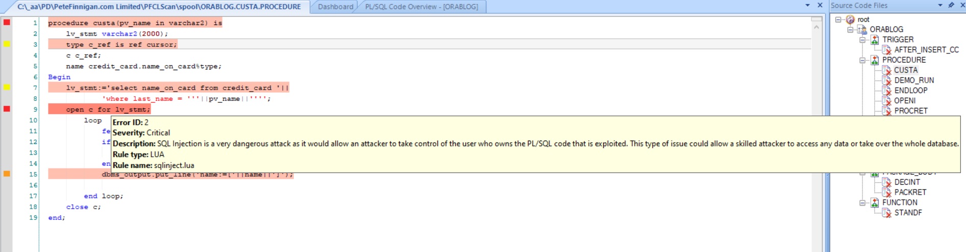 PFCLCode 2024 showing SQL Injection issue details