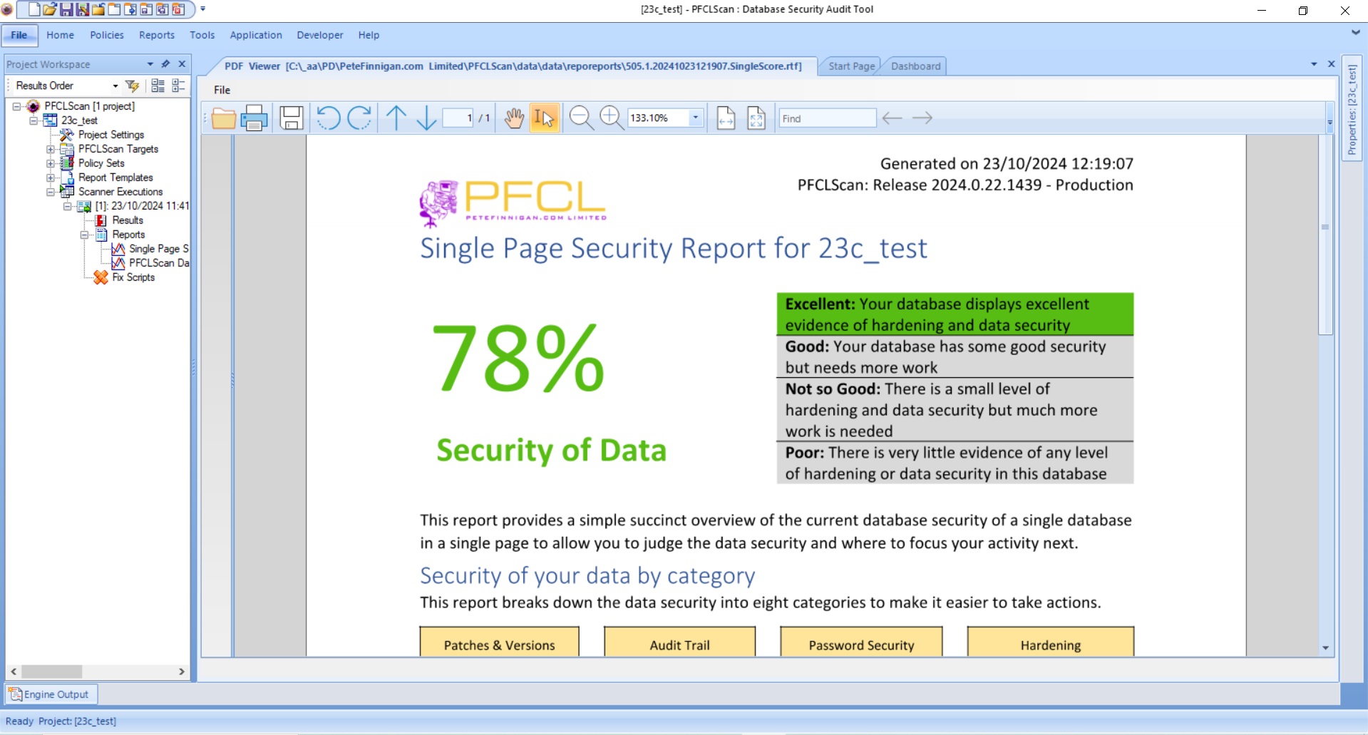 PFCLScan single page score report for 23c